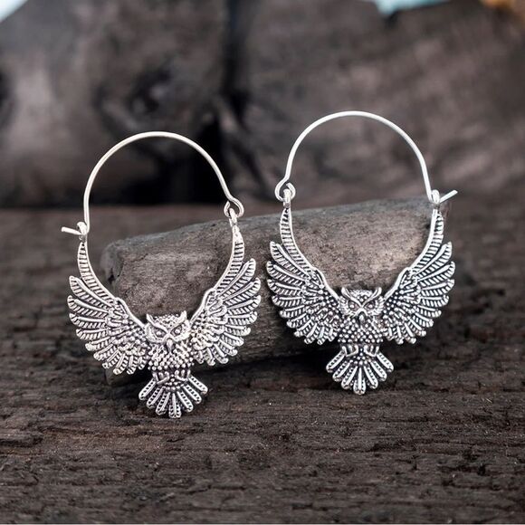 Silver Owl Hoop Earrings S1286 - Picture 2 of 4